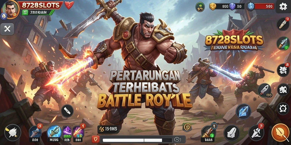 Gameplay 8728SLOTS yang intens dan mendebarkan dalam arena pertempuran.