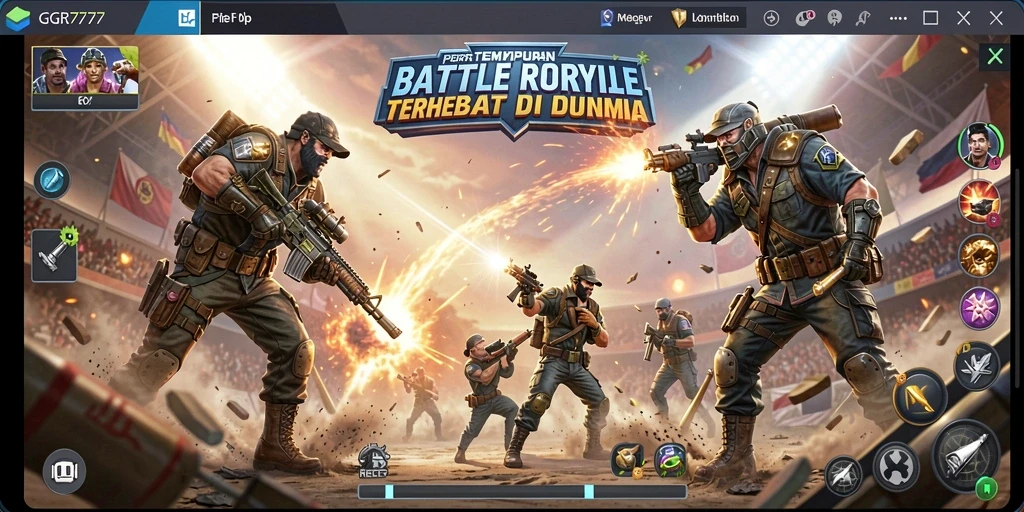 Tampilan utama gameplay GGR7777, menunjukkan aksi Battle Royale yang intens.