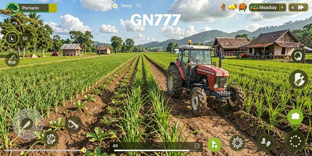 Screenshot tampilan gameplay GN777 dengan aktivitas bertani yang seru.