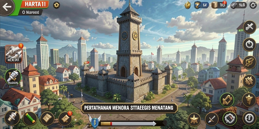 Gameplay HARTA11 dengan menara yang mempertahankan wilayah dari serangan musuh.