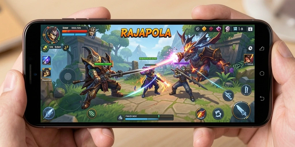 Screenshot utama RAJAPOLA menampilkan aksi pertempuran yang intens.
