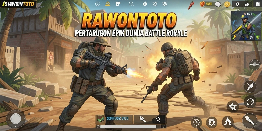 Screenshot gameplay RAWONTOTO menampilkan aksi Battle Royale yang penuh ketegangan.