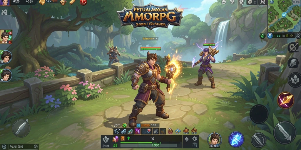 Screenshot gameplay RK55 menunjukkan pertarungan epik dalam dunia MMORPG.