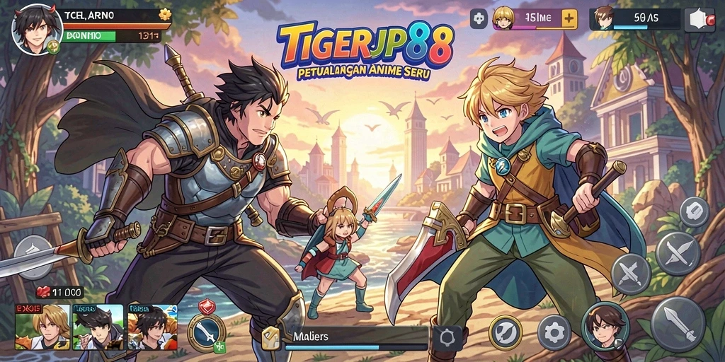 Screenshot gameplay TIGERJP88 menampilkan pertarungan karakter anime.