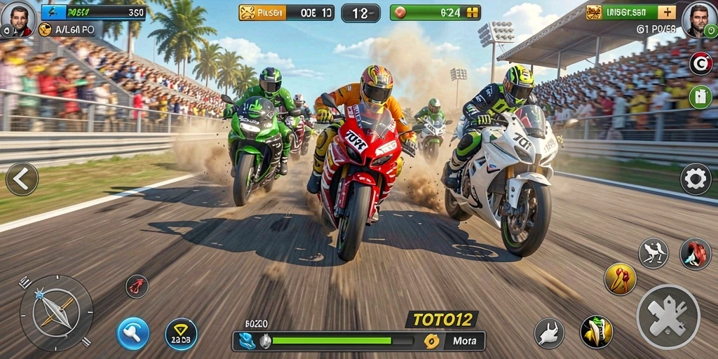 Screenshot TOTO12 menunjukkan aksi balapan motor yang mendebarkan.